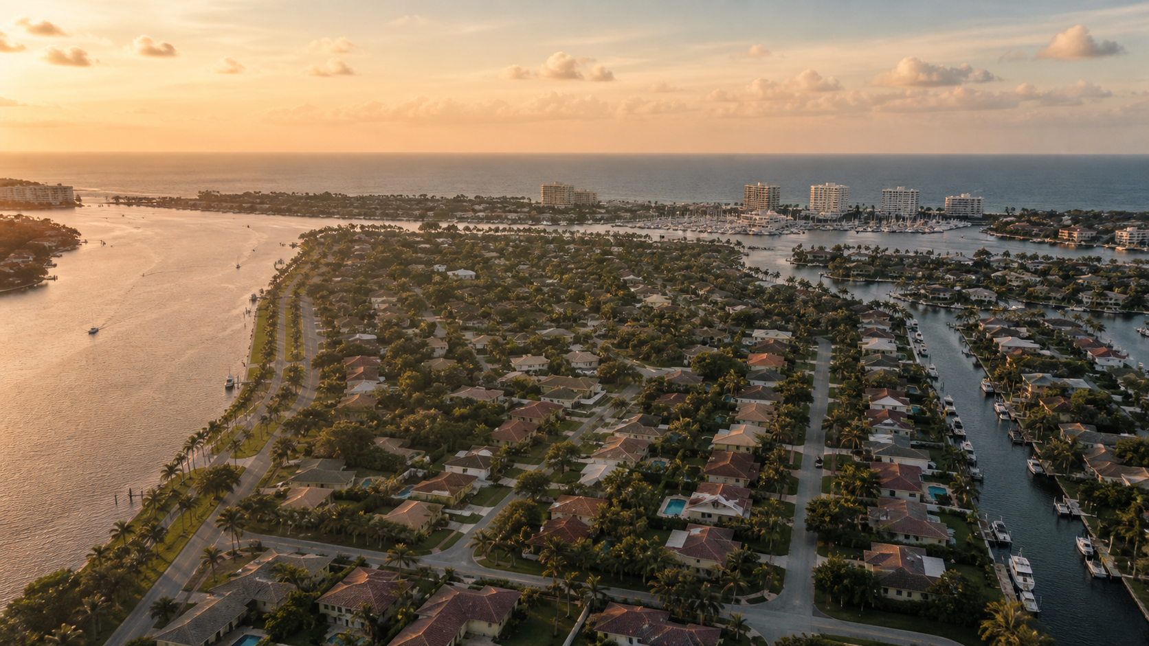 Golden-hour aerial of a South Florida coastal neighbourhood, canals and marina