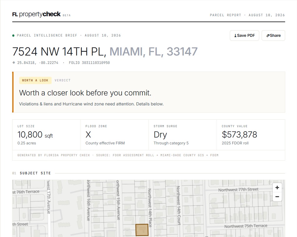 A Florida Property Check parcel brief showing flood, surge and county value