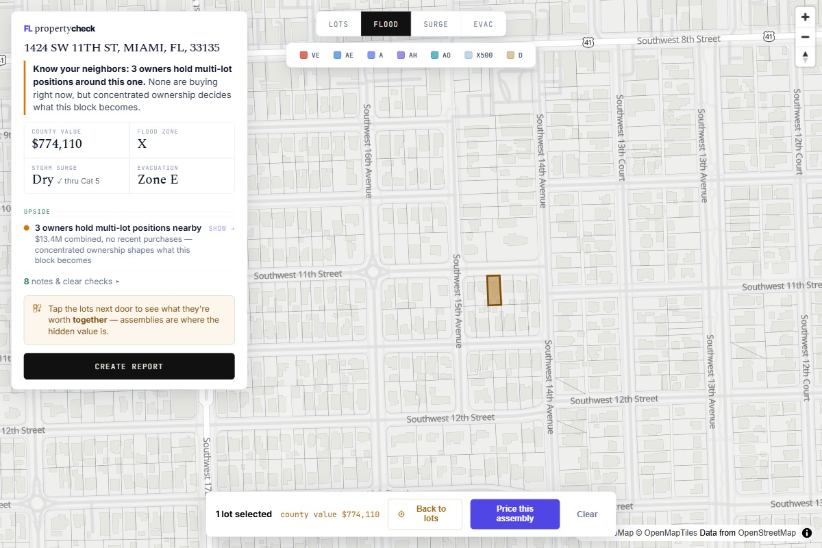 The parcel map with the FEMA flood overlay painted
