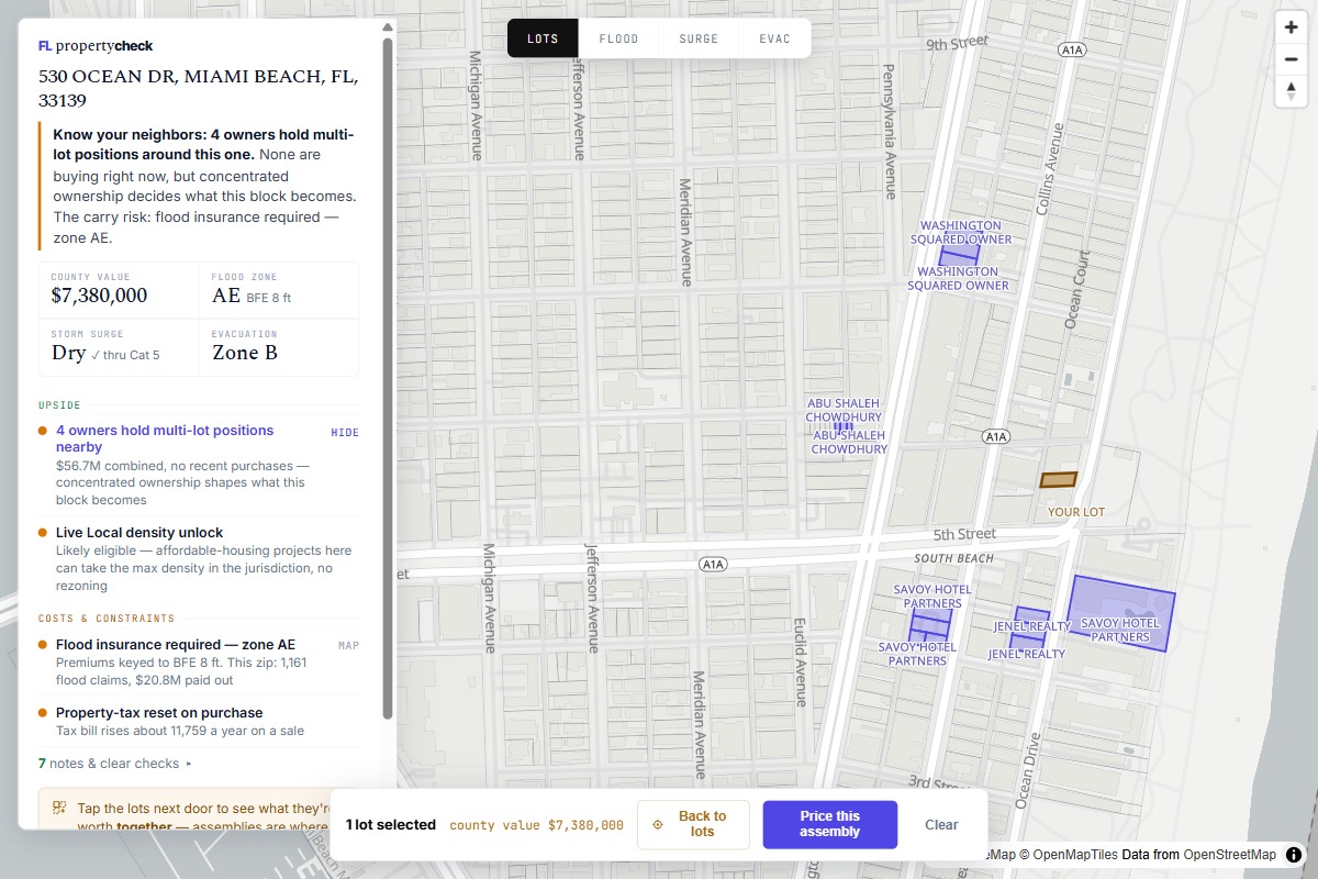 The map showing assembler-held lots in violet, by owner