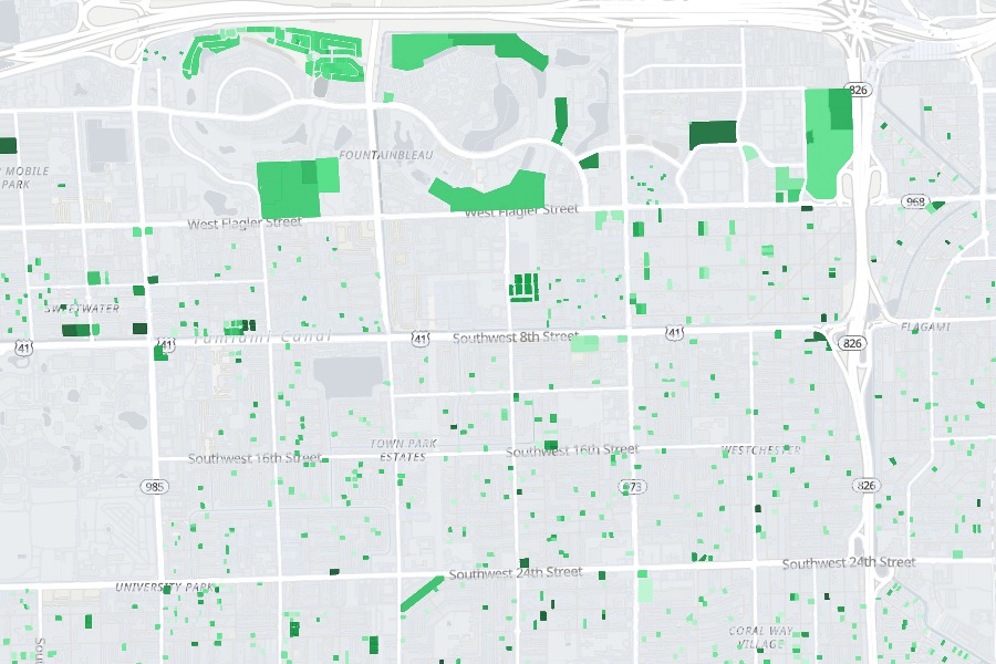 Recently rebuilt parcels across west Miami, shaded by year