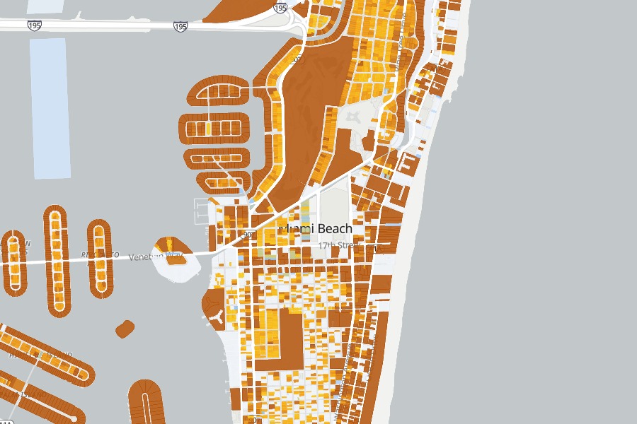 County parcel values across Miami Beach, shaded low to high