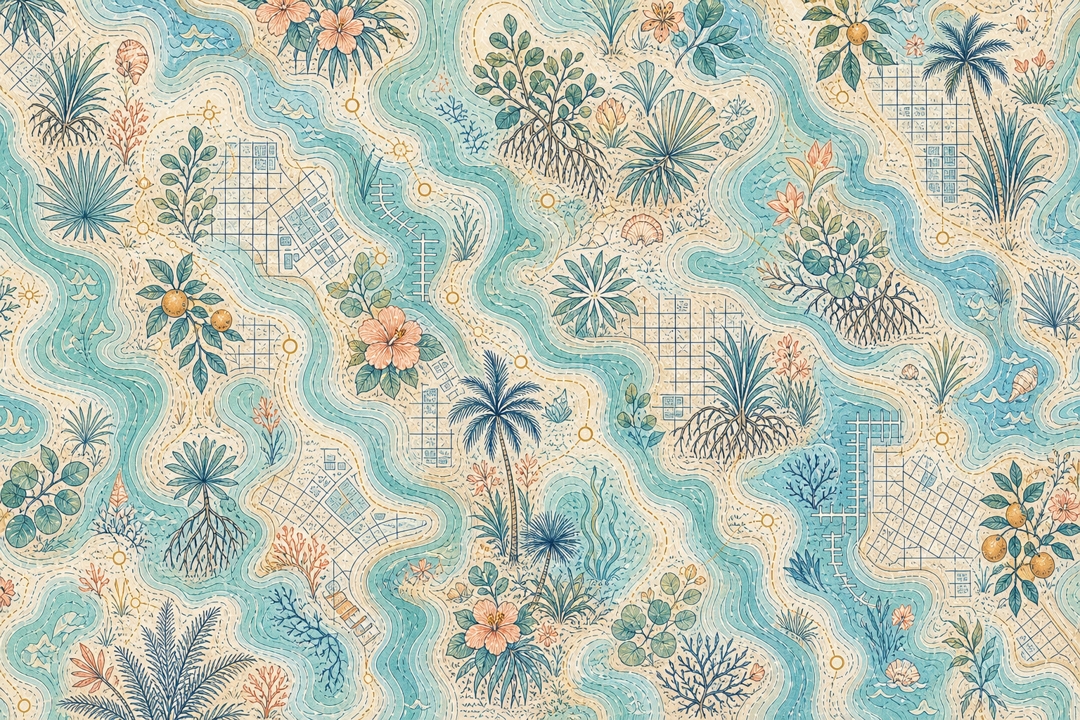Florida regional pattern: tropical waterways, plats, palms and hibiscus